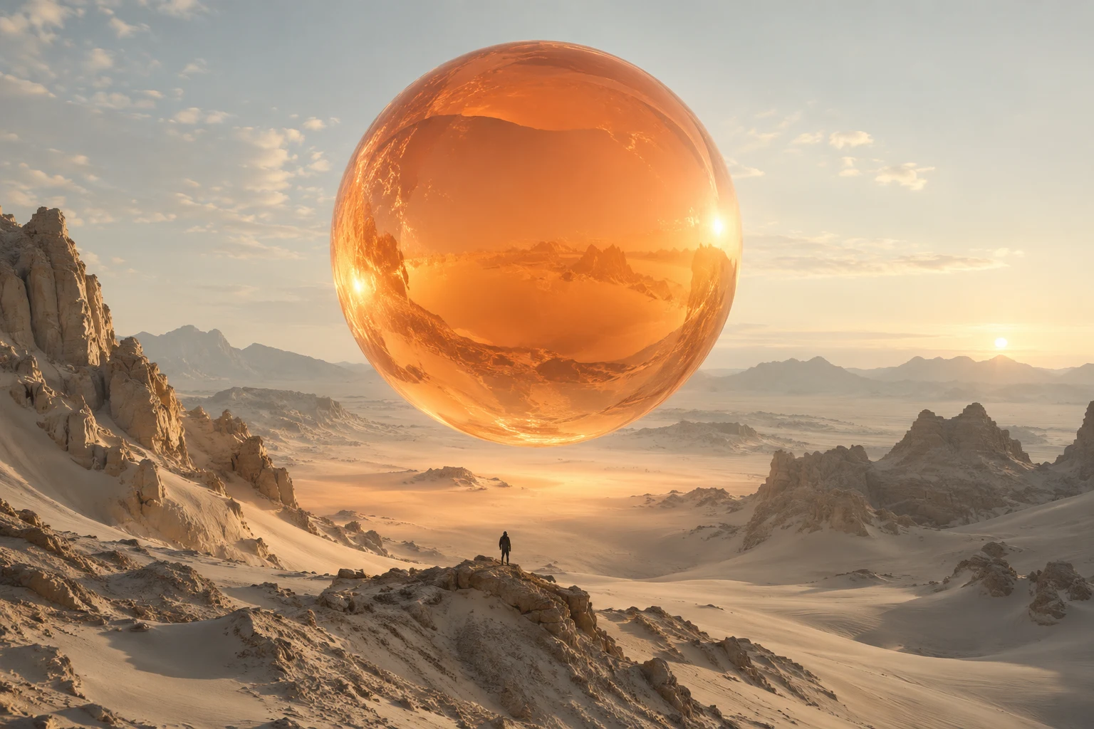 An amber glass sphere suspended over a sunlit desert